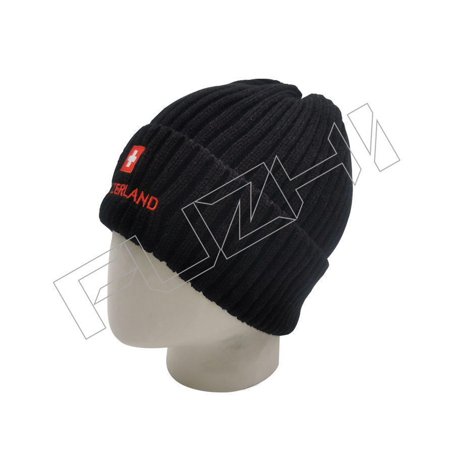 Flat Embroidery Acrylic Knitted Beanie
