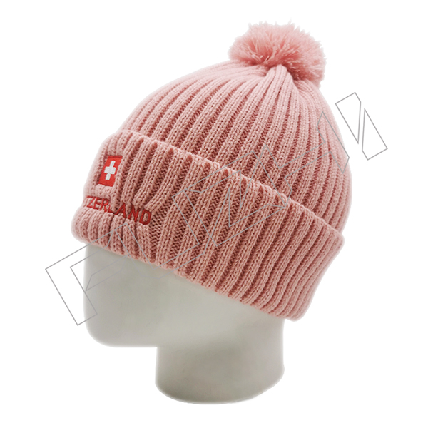 Flat Embroidery Acrylic Knitted Beanie with Pom