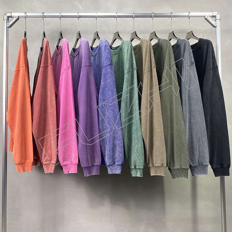 FGWT-1001 New fashion man and woman unisex color washed cotton casual loose long sleeve T-shirt
