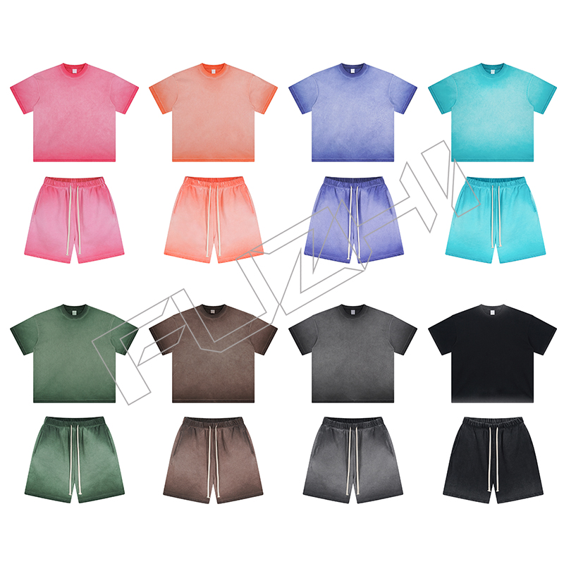 FGWT-1002 New fashion unisex dyed and worn-out water washed cotton terry short sleeved shorts set...