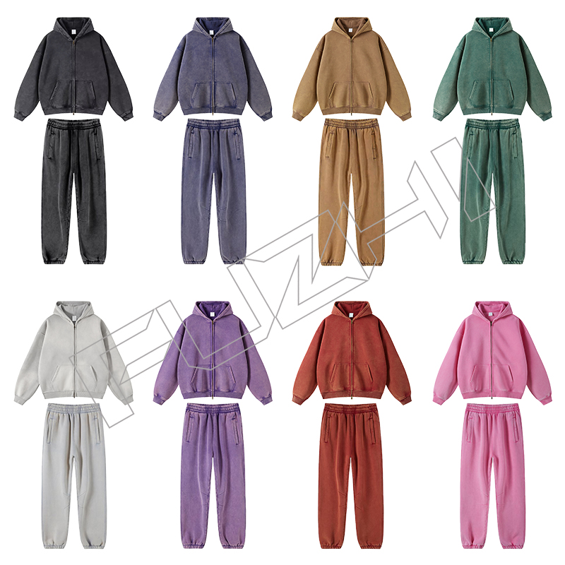 FGWH-1004 Fashion high quality unisex color washed  zip hoodie & pants washed hoodie set washed f...
