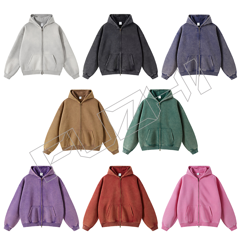FGWH-1004 Fashion high quality unisex color washed  zip hoodie & pants washed hoodie set washed f...