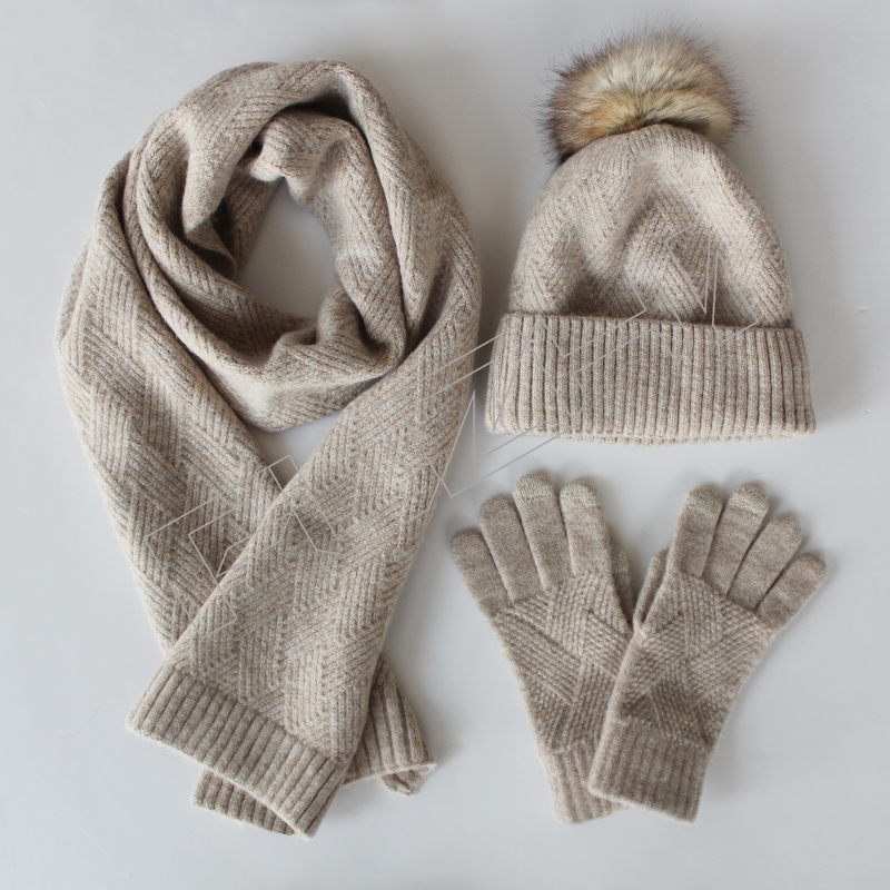 FZBH-1022 New women's winter solid color wool warm beanie, scarf and glove three-piece set anti-c...