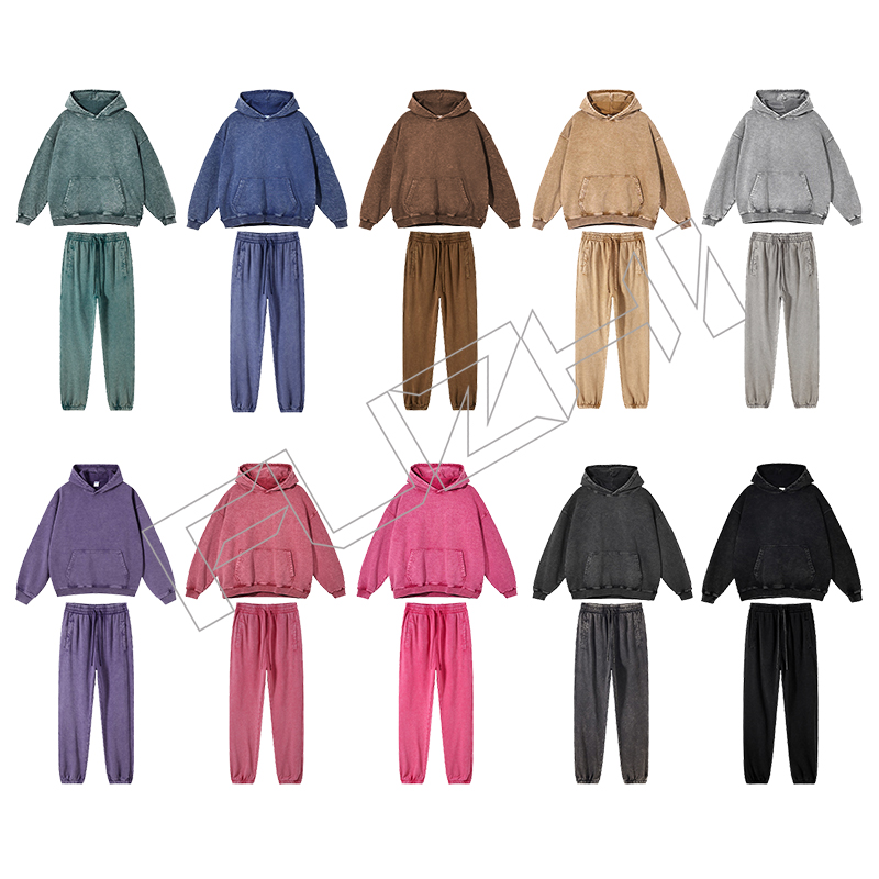 FGWH-1002 Fashion brand washed retro do old multi-color hoodie and pants washed hoodie set washed...