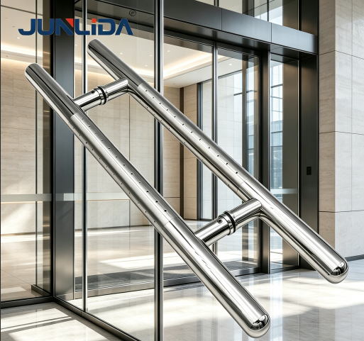 Poignée de porte vitrée en acier inoxydable à motif point H pour bureaux, centres commerciaux, hôtels et autres établissements commerciaux.