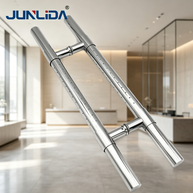 Poignée de porte vitrée en acier inoxydable de type H, poinçonnée, pour salle de bain, chambre d'hôtel ou bureau.