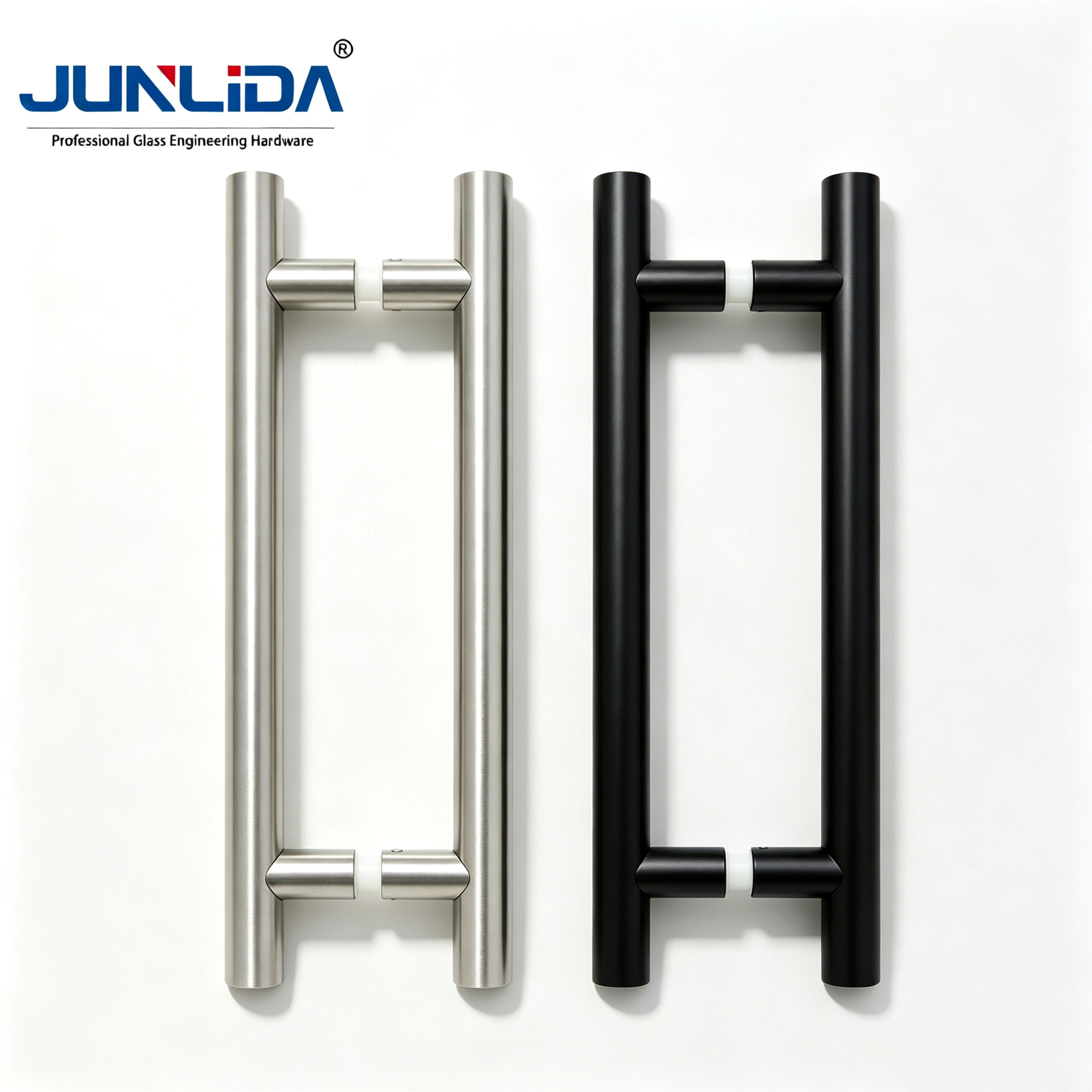 Tirador de puerta de cristal en forma de H de acero inoxidable, negro y plateado, tirador de puerta de entrada comercial, logotipo personalizado para puerta de ducha de cristal.