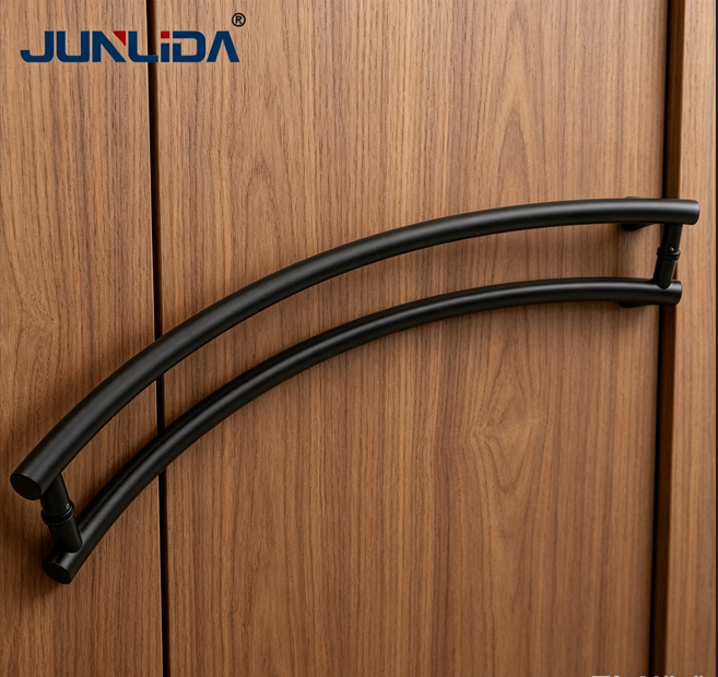 Tirador de puerta curvo de acero inoxidable negro mate, tirador de puerta de cristal de doble barra arqueada para puerta de ducha de madera o puerta de entrada.
