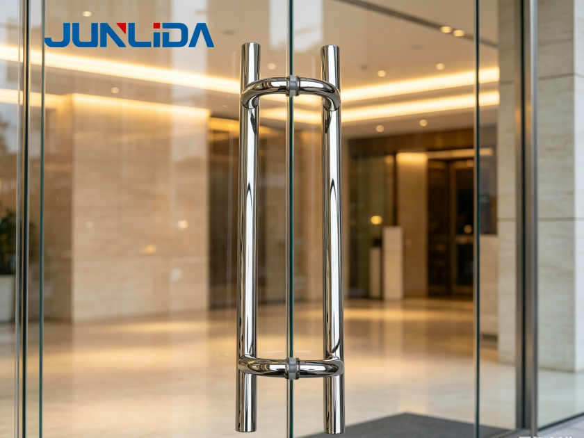 Tirador de puerta de cristal en forma de H de acero inoxidable pulido, tirador de empuje doble para puerta de entrada de cristal de hotel u oficina.