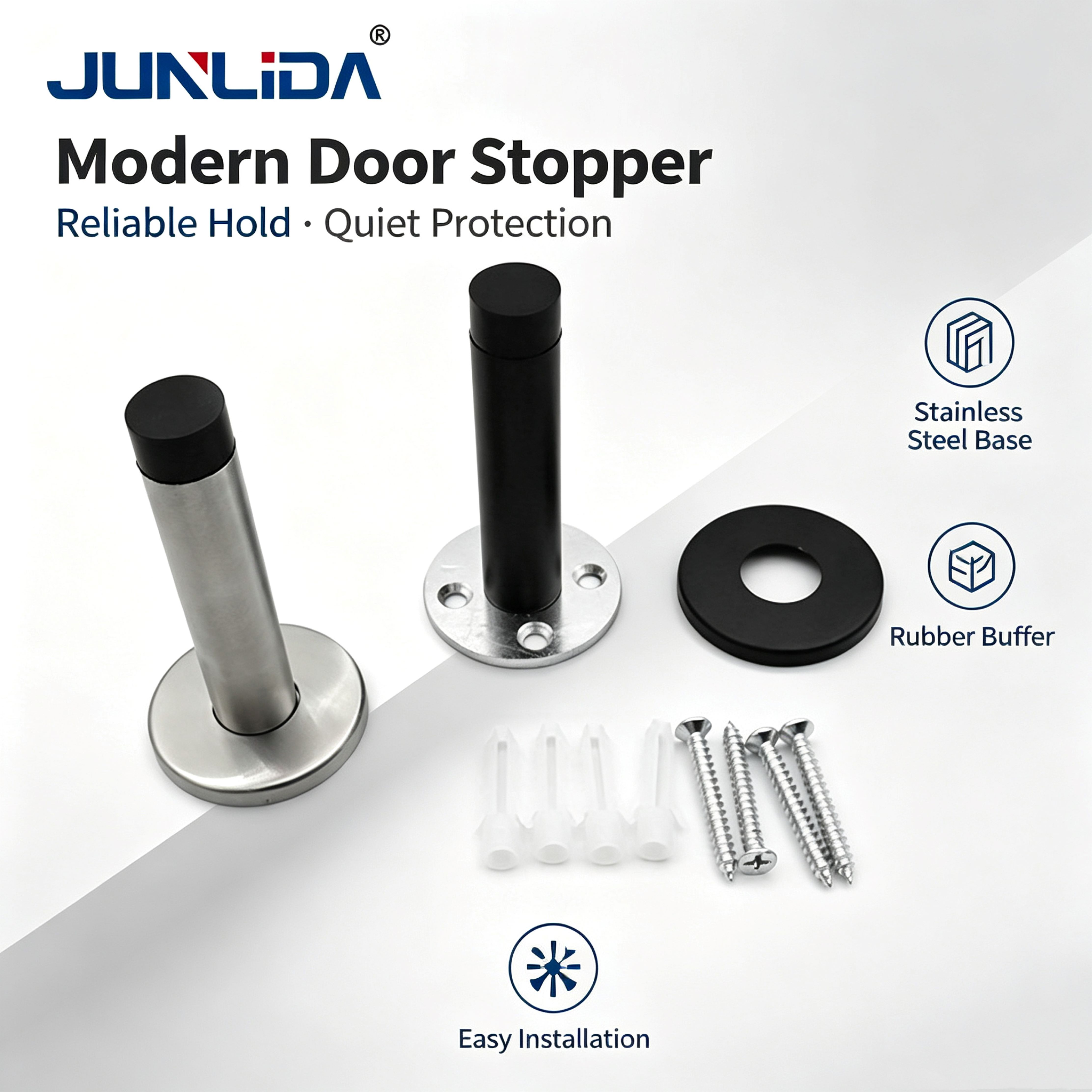 Butée de porte murale en acier inoxydable avec butoir en caoutchouc, support de porte anti-collision pour porte intérieure