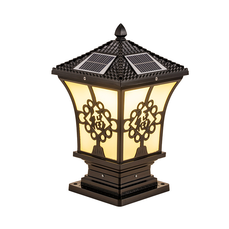 New Chinese pointed tile cover color knot door post wall waterproof outdoor solar pillar lamp