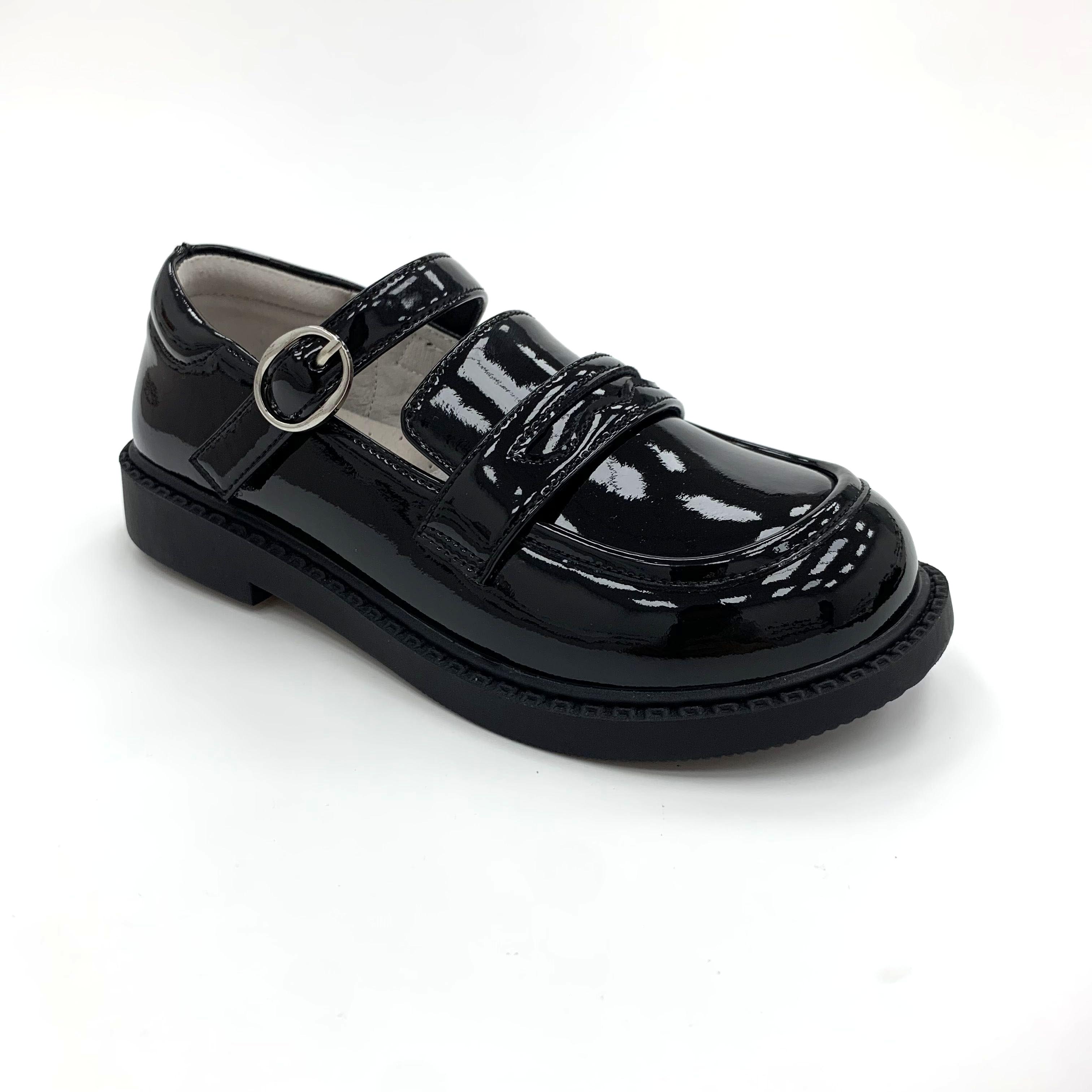 Glossy Pure Black Leather Girls' Shoes