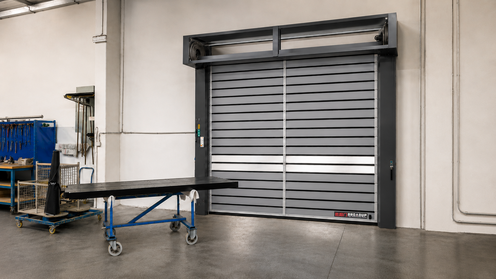 BROADUP high-speed spiral door installed in an industrial workshop entrance