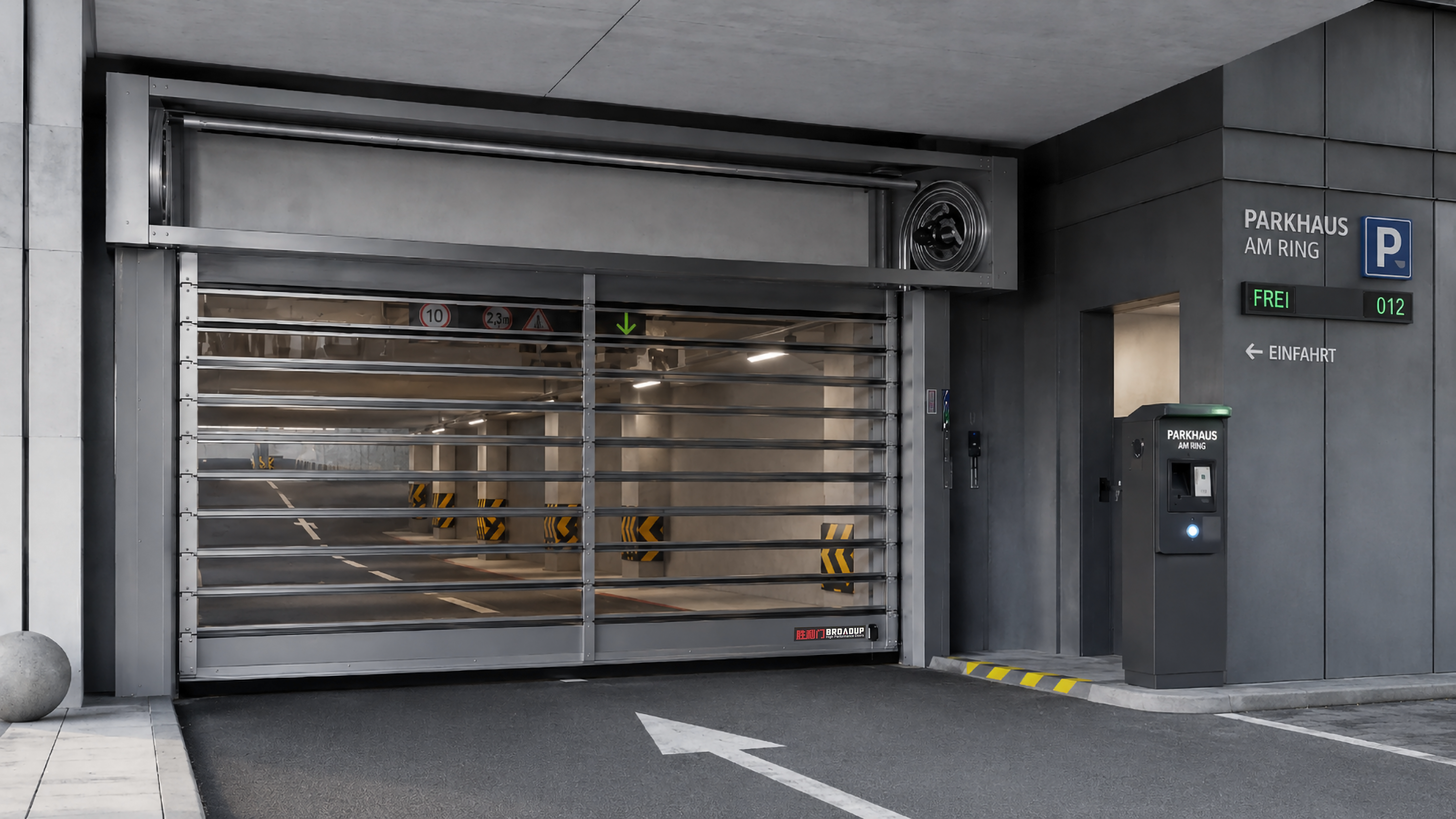 High-speed spiral door for parking garage and vehicle access control