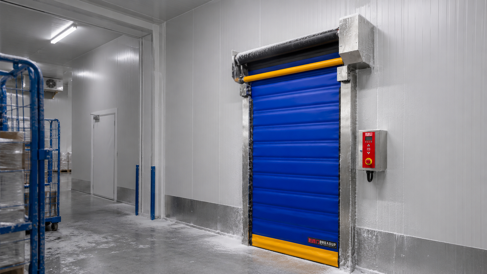 V112 cold storage high-speed door with insulated blue curtain for refrigerated room