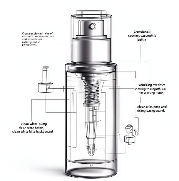 the internal mechanism of a cosmetic vacuum bottle with labeled components like the airless pump and piston.png