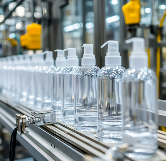 Manufacturing factory that produces vacuum bottles for high-end cosmetics, showing quality control and environmentally friendly production processes.png