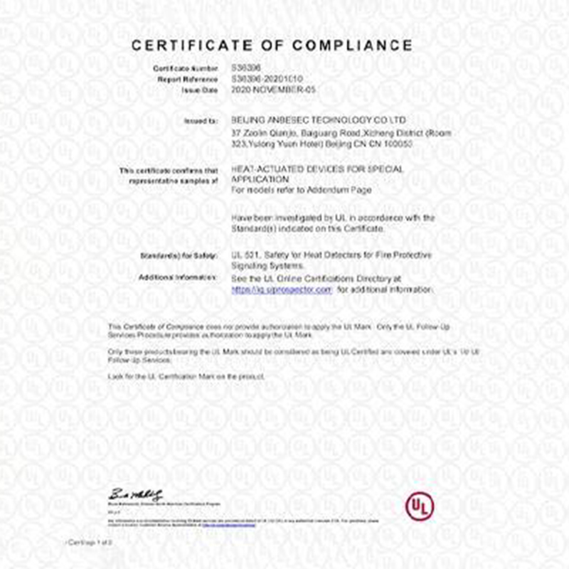 В октябре 2020 года Beijing Anbesec Technology Co., LTD получила сертификацию UL линейных продуктов теплообнаружения