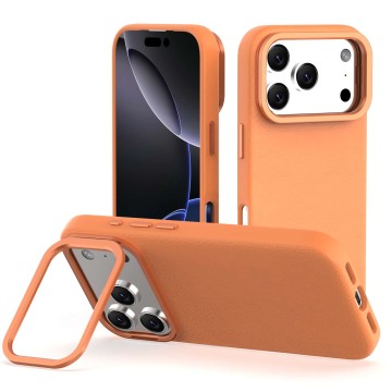 iPhone 17 Integrated Metal Kickstand Camera Ring Leather Phone Case