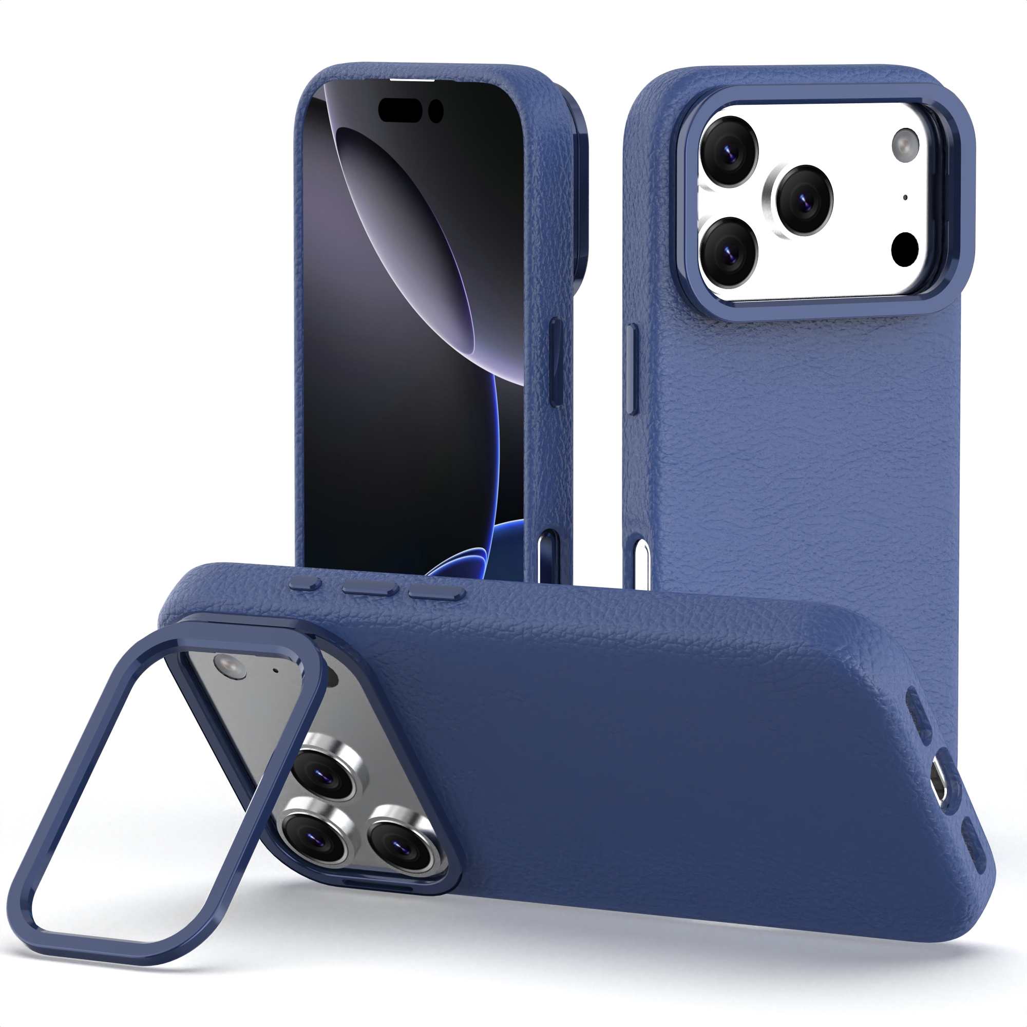 iPhone 17 Integrated Metal Kickstand Camera Ring Leather Phone Case