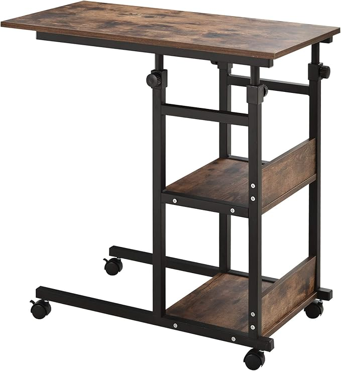 C-Shaped Mobile Rolling Sofa Side Table with 3-Tier Storage Shelving, Adjustable Height, & Wheels