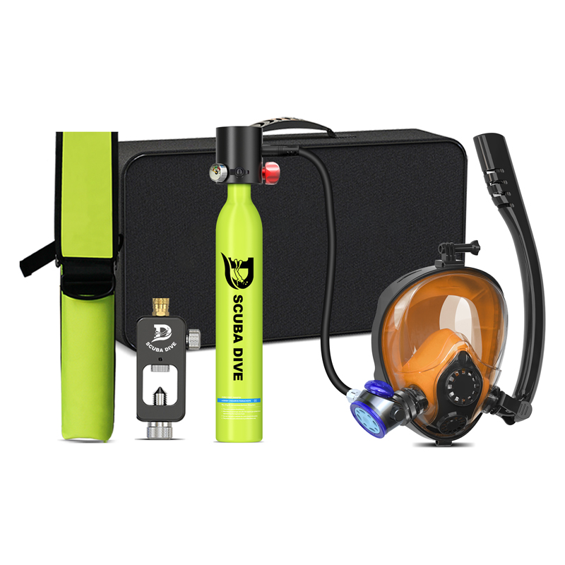 Snorkeling Full Face Mask with Mini 0.5L Scuba Diving Tank and Hand Pump Diving Cylinder Dive Equipment for Adults