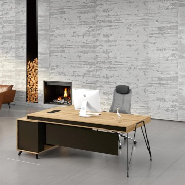 small simple rustic oak L shaped computer office desk with drawers