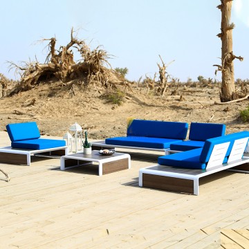 other blue and white aluminum outdoor furniture set