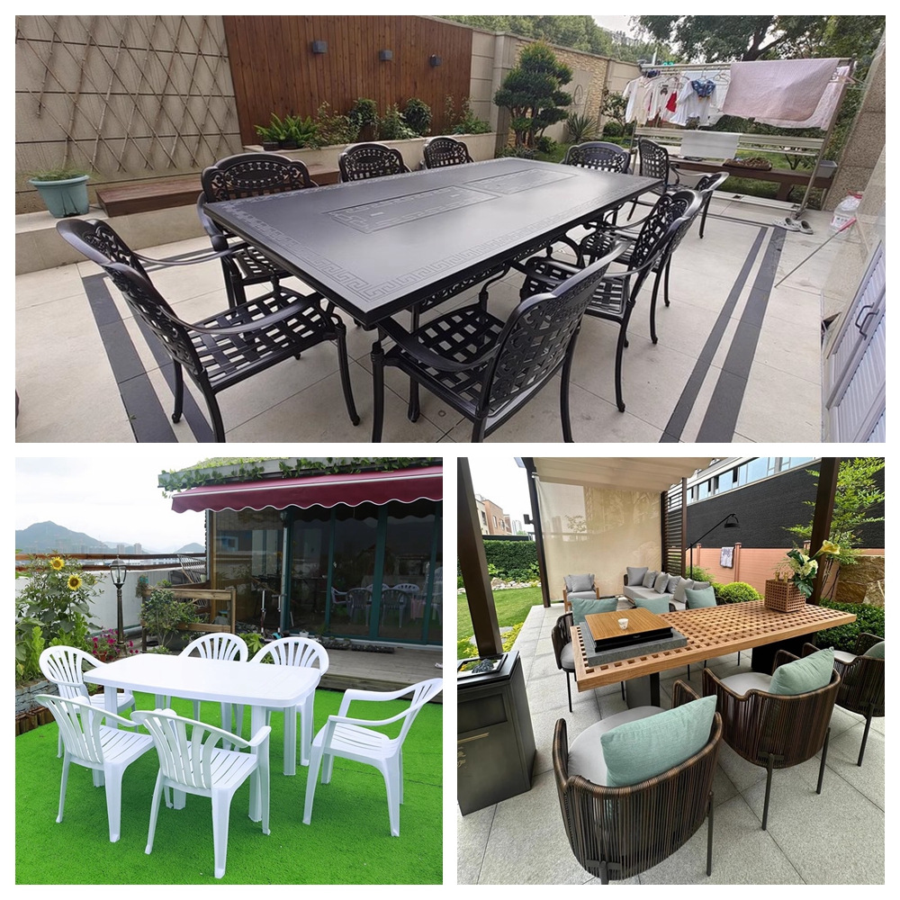 Comparison of outdoor dining tables made of different materials: plastic, metal, wood, etc.