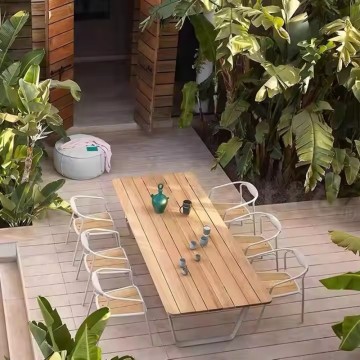 Garden Patio wood top metal leg rectangle dining table