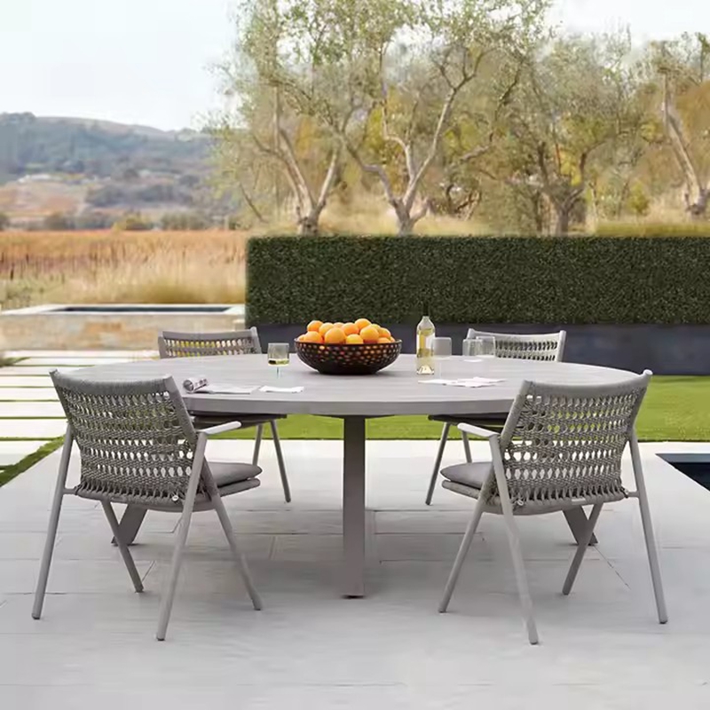 large round aluminum outdoor dining table set