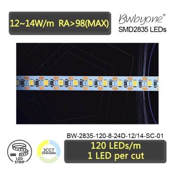 24V 2835 LED Strip 120 LEDs/M CRI98 8mm Width High Color Accuracy Indoor Strip Lighting