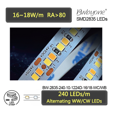 High Density Alternating Dual White LED Strip 2835 LEDs 10mm PCB 240 LEDs/m