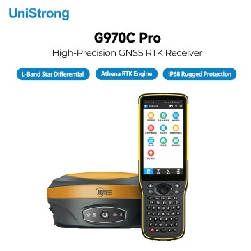Récepteur GNSS RTK Unistrong G970C Pro, moteur RTK Athena multi-constellation 800 canaux, inclinométrie 60°, UHF et 4G intégrés, IP68, récepteur GNSS pour levés topographiques et cartographie, applications cadastrales et d'ingénierie.