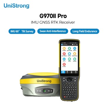 Récepteur GNSS RTK UniStrong G970II Pro/eBase 20, 1408 canaux, signaux BDS3 complets, inclinométrie IMU, aRTK, protection anti-interférences intégrée, batterie remplaçable à chaud, indice de protection IP68 pour applications d'ingénierie et de topographie.