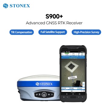 Récepteur GNSS RTK Stonex S900+, 1408 canaux multi-constellation, levés topographiques avec centrale inertielle (IMU) à ±60°, implantation visuelle et photogrammétrie à double caméra, radio UHF et 4G intégrées, équipement topographique IP68