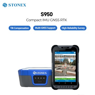 Récepteur GNSS RTK Stonex S950, 1408 canaux multi-constellation, télémétrie laser et implantation jusqu'à 30 m, guidage visuel AR à double caméra, inclinométrie IMU ±60°, équipement topographique IP68