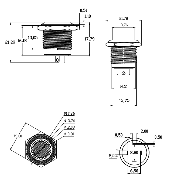 16mm Momentary Push Button Drawing