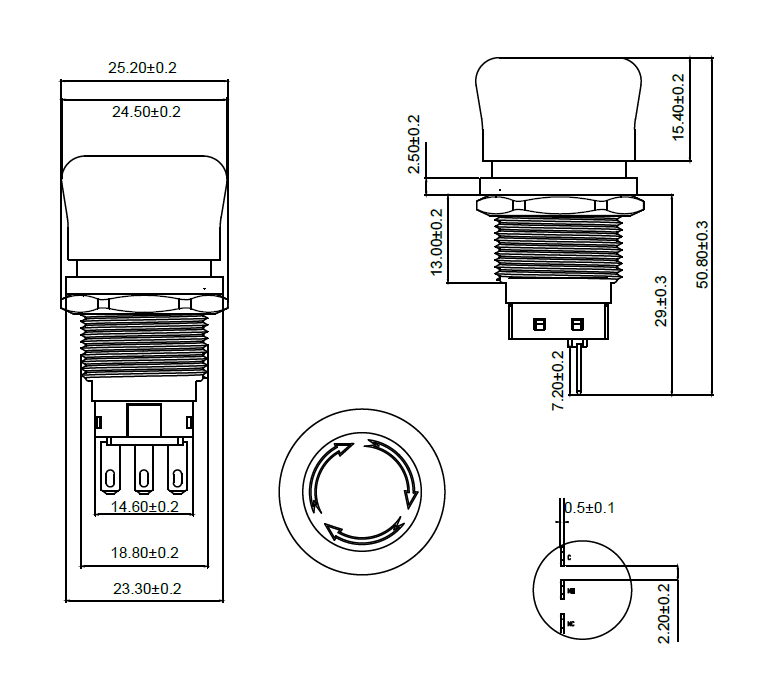 Tekening van een metalen noodstopdrukknop