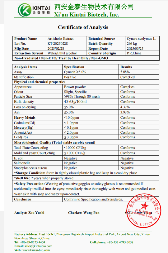 Artichoke Extract Powder COA artichoke extract powder coa