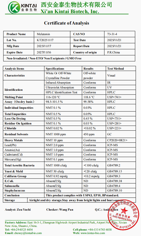 Melatonin Certificate of Analysis