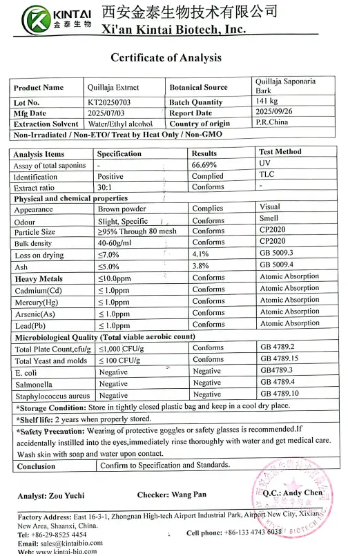 Quillaja Saponaria Extract Certificate of Analysis