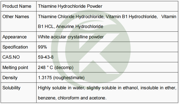 Thiamine HCL Vitamin B1 Hydrochloride Powder Specification