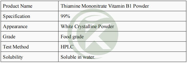 Thiamine HCL Vitamin B1 Hydrochloride Powder Specification