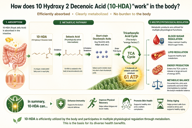 How does 10 Hydroxy 2 Decenoic Acid (10-HDA) work in the body