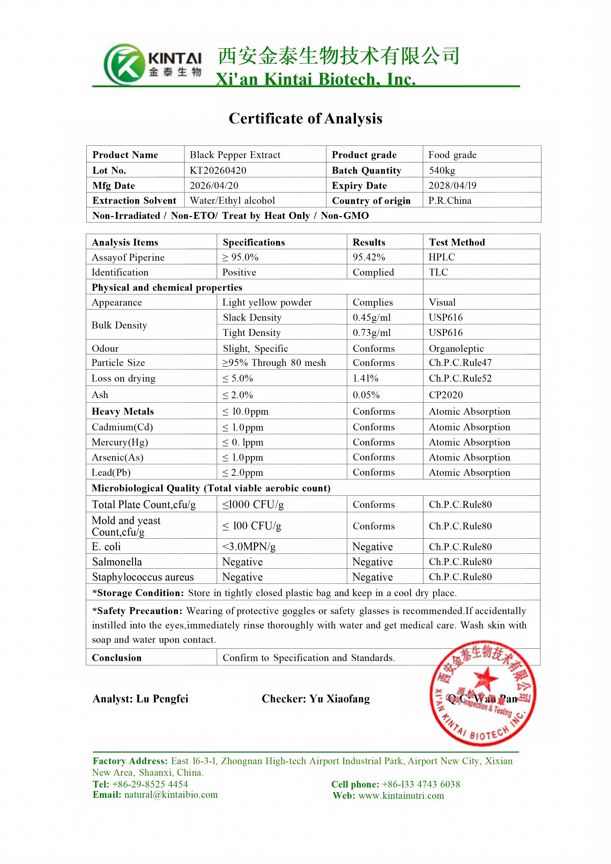 KT-COA of Black Pepper Extract Piperine powder