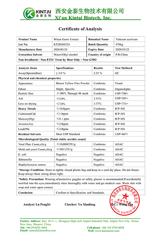 COA of Wheat Germ Extract 2% Spermidine