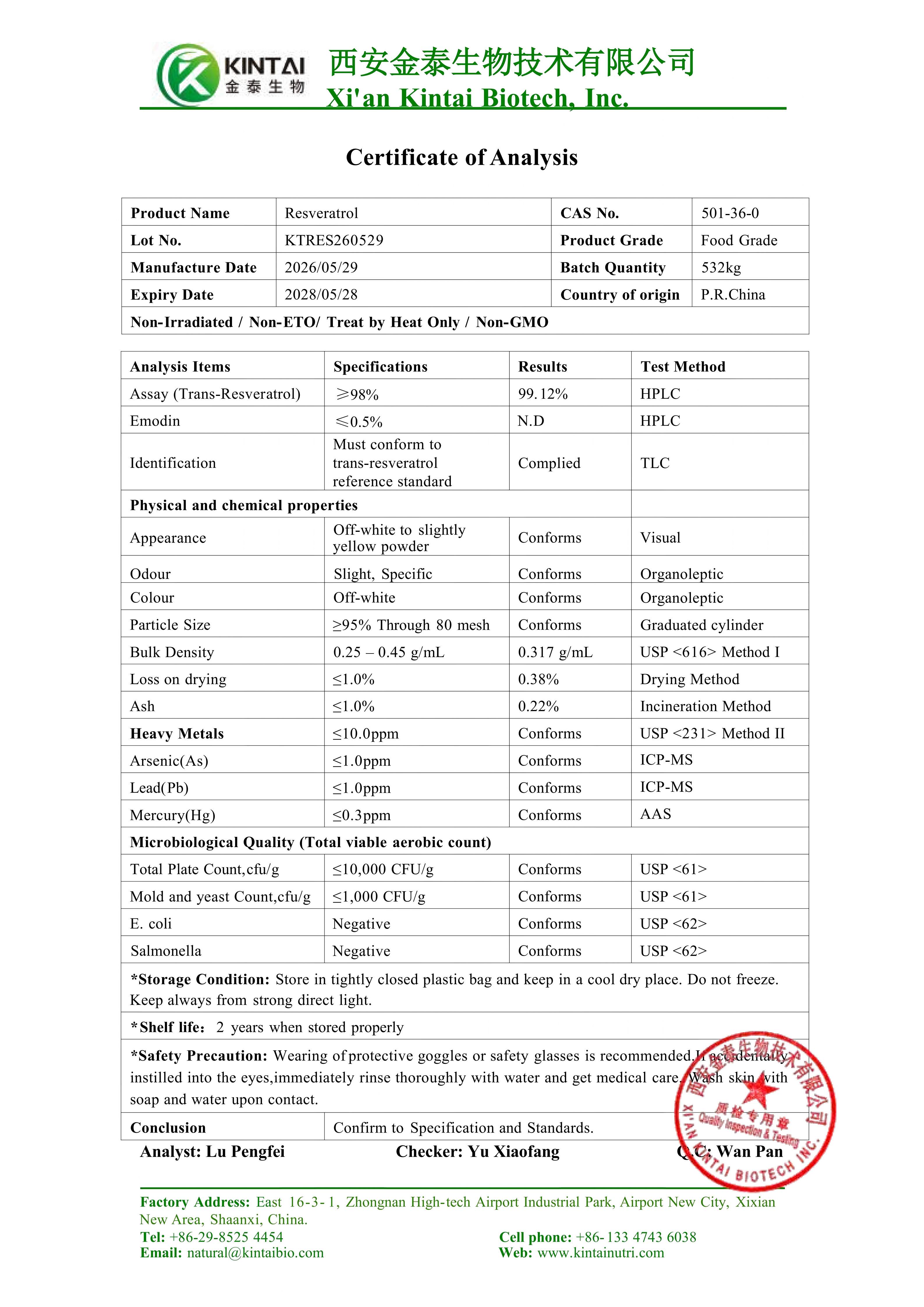 KTN COA of Trans-Resveratrol 99%