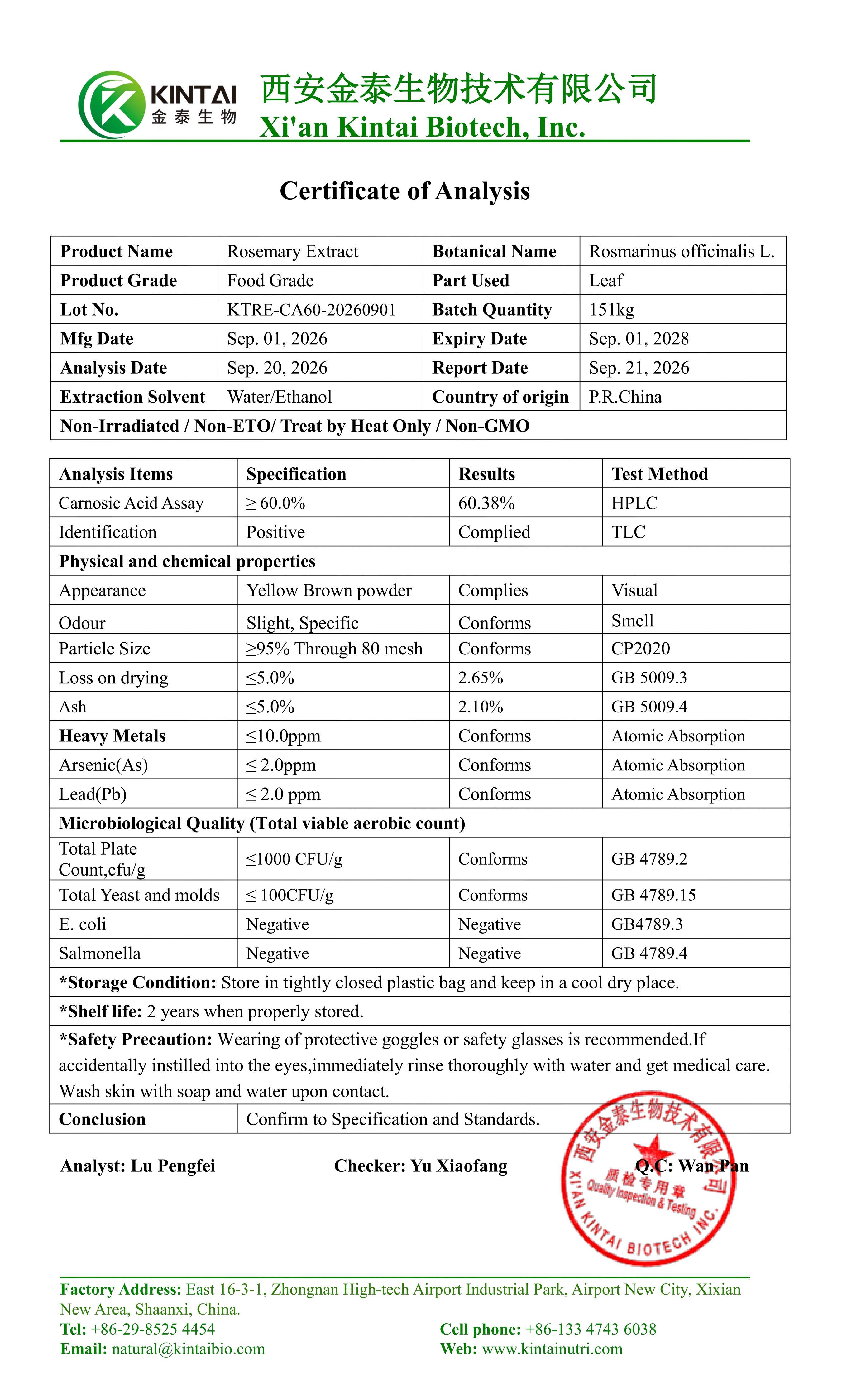 KTN-CA60-20260901-COA of Rosemary Extract