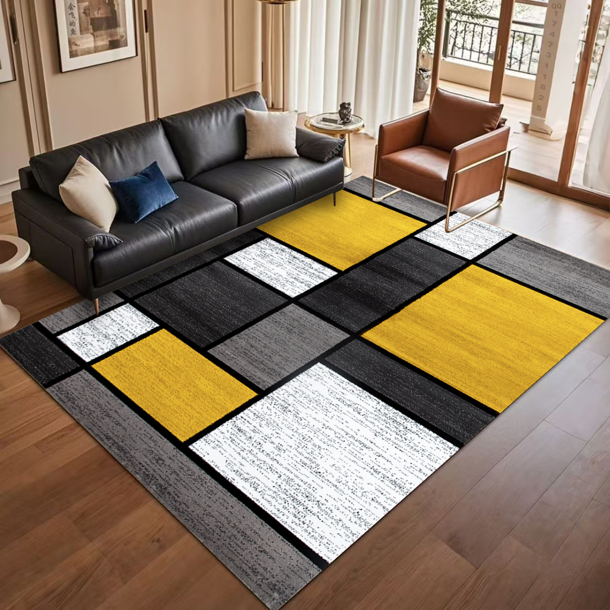 Geometric Pattern Living Room Rug, Washable Non - Slip, Modern Color - Block Design